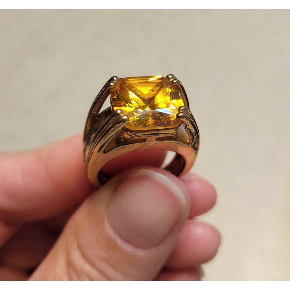Gold Tone Cushion Cut Yellow Stone Cocktail Ring CZ Accent Channel Band Size 5